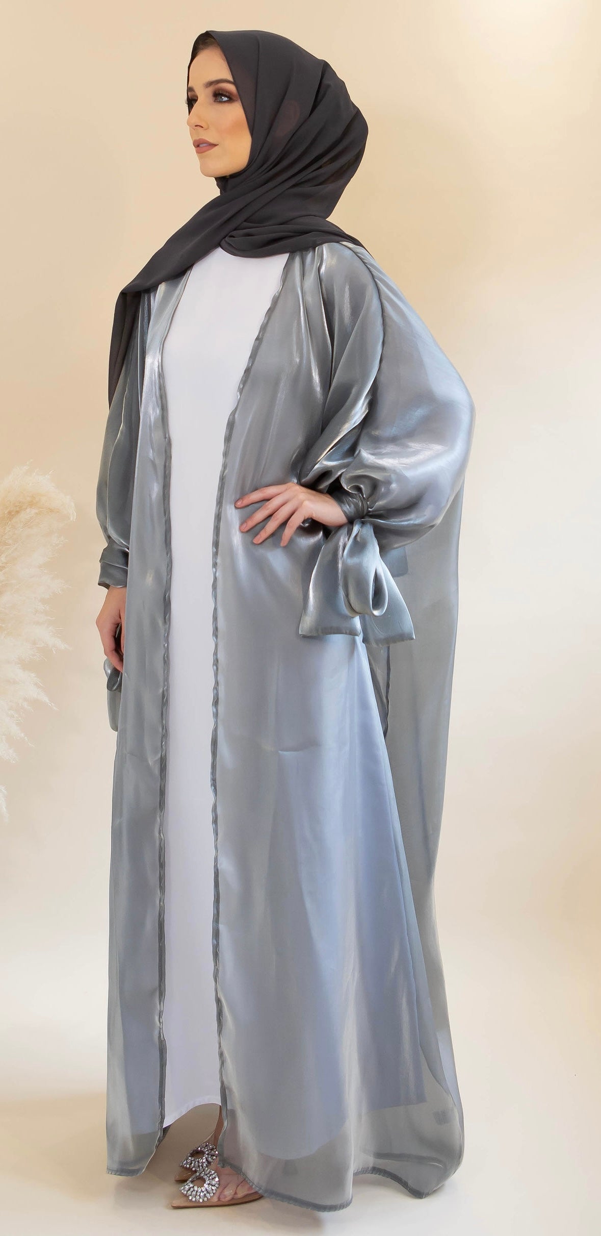 Aaliya Collections Organza Tie Abaya - Grey