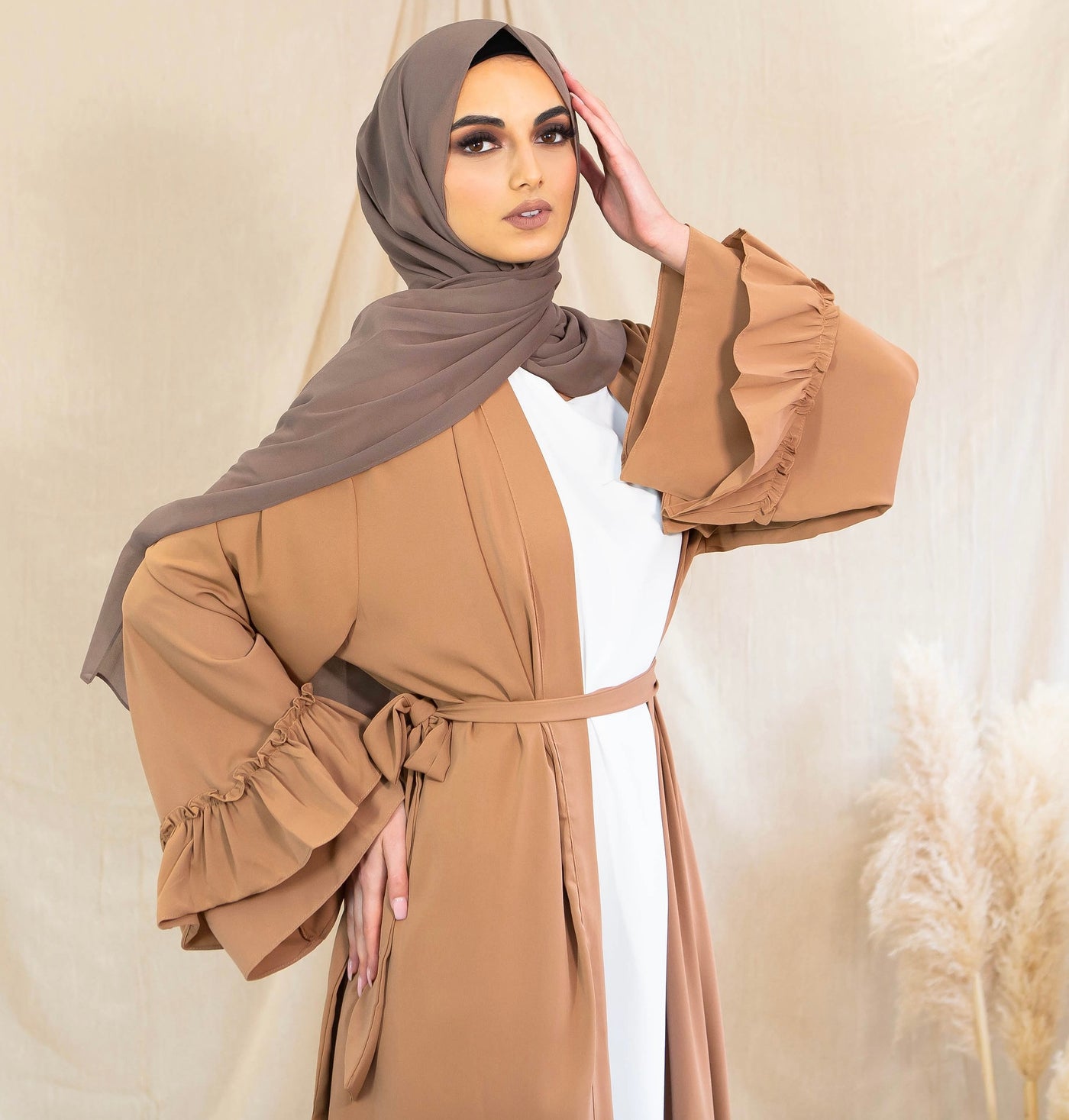 AALIYA COLLECTIONS Frill Open Abaya - Camel