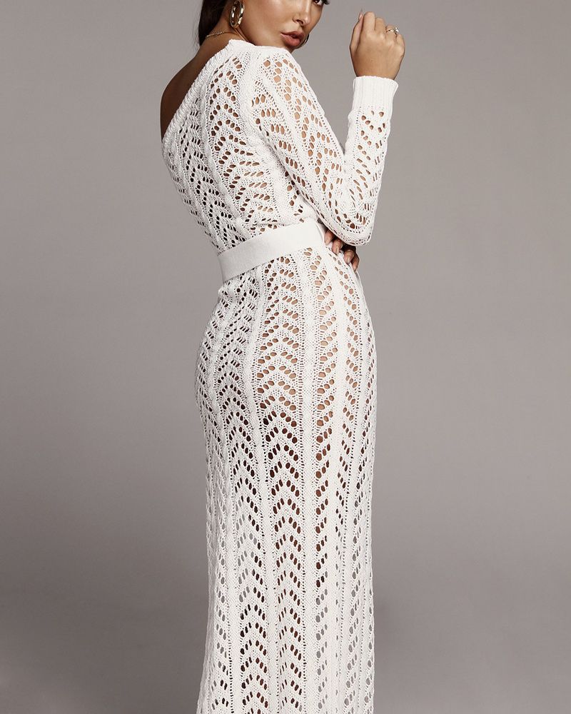 white one shoulder crochet dress