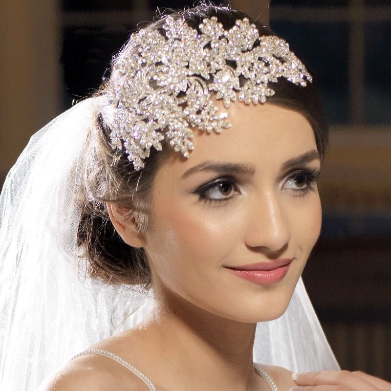 Silver Rhodium Vintage Style Couture Side Accent Crystal Leaves Bridal Headband 