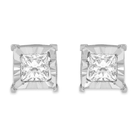 Sterling Silver 1.25ct TDW Princess Diamond Solitare Stud Earrings (H-I,I1-I2)