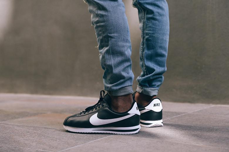 nike cortez black and white leather mens