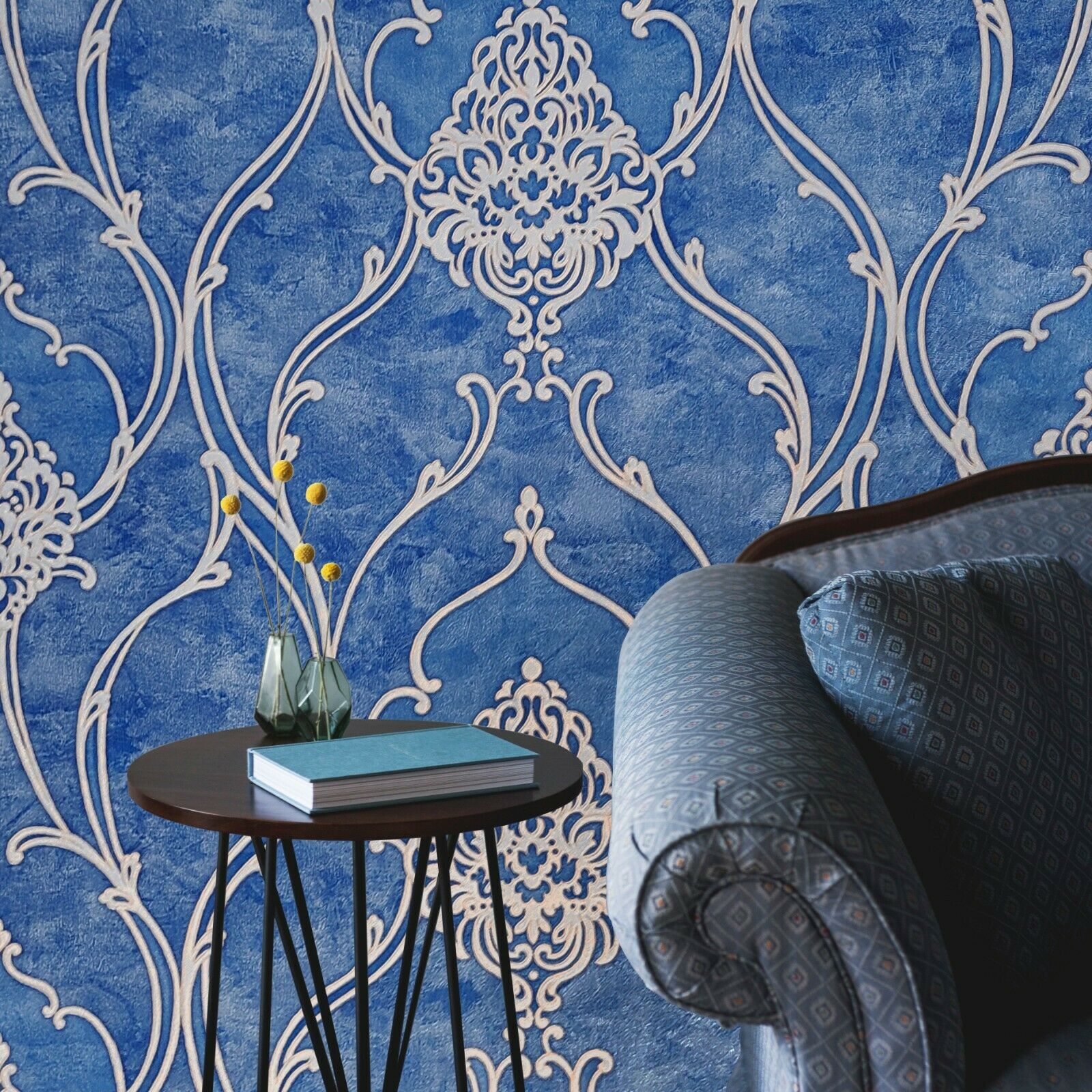 M5123 Royal blue beige gold Victorian damask 3D Wallpaper –  wallcoveringsmart