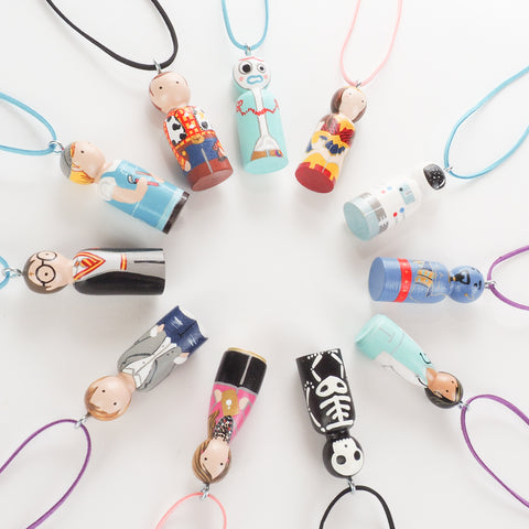 Personalized peg doll necklaces and ornaments