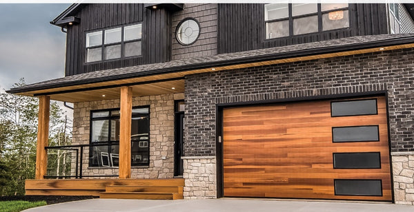 shown in cedar woodtones with optional black window frames and right stacked windows with obscure glass