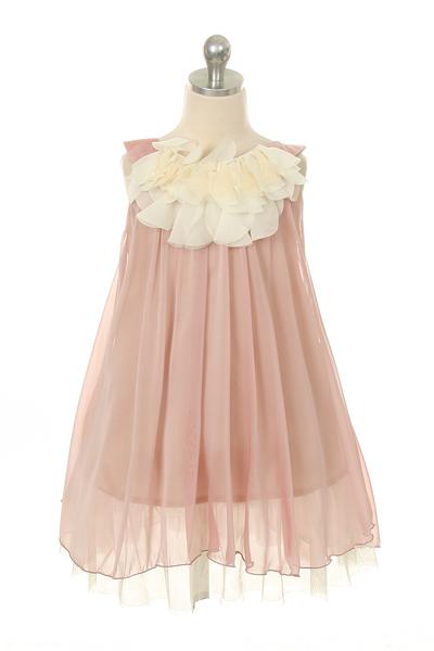 Dress - Chiffon Dress W Flower Ruffle Neckline