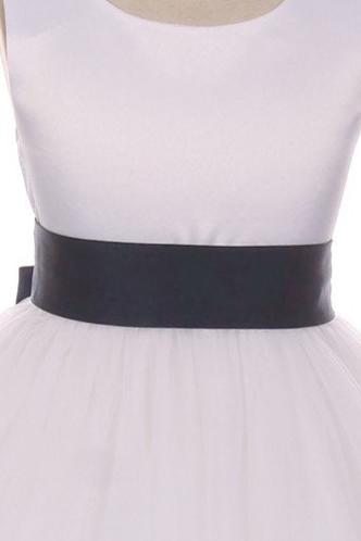 Dress - Satin Sash Bow Girl Dress (White Dress)