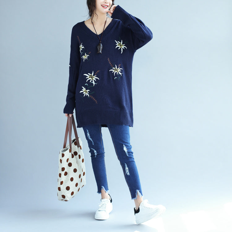 Autumn Fashion Blue Embroidery Sweater Dress Oversize Mid Long Knit Pu Soolinen