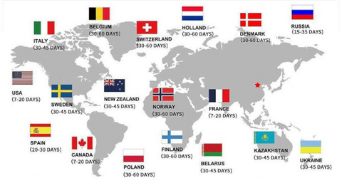 International Shipping Times Map for The Cavy Closet