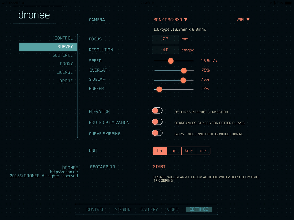 Drone app survey settings