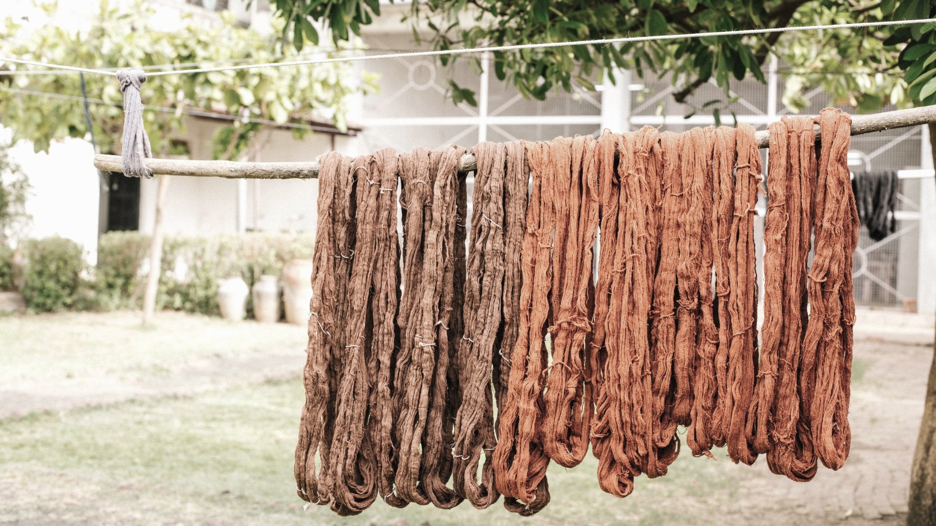 Bundles of cotton threads drying in the shade after they have been dyed into the colors for the Spring Textile Collection, by Ginger Sparrow, a modern handcrafted home decor brand. 