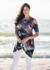 cold shoulder top tie dyed in shades of black and gray