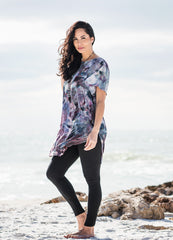 women's tie dyed tunic in shades of black, gray and wine