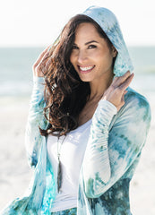 hand dyed hoodie in shades of aquas in natural fibers