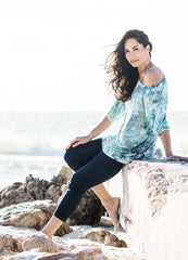 women's tie dye peasant shirt in shades of aqua and teals