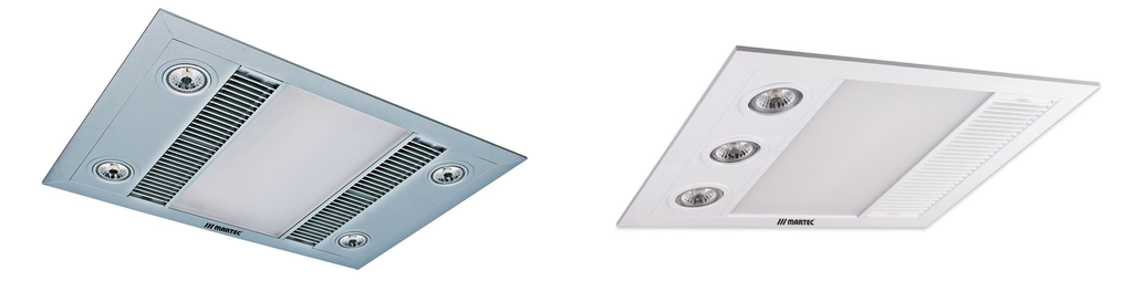 The 2 different styles of martec linear bathroom heaters side by side in the one photo