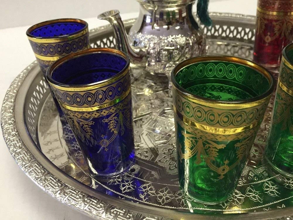 Large Teapot Moroccan Tea Set Large Serving Tray 6 Pink Tea Glasses Free PP 