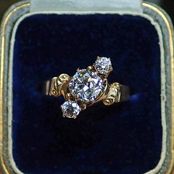 Antique Three Diamond Engagement Ring in Gold from Doyle & Doyle, Cushion cut 0.90ct. 107247R