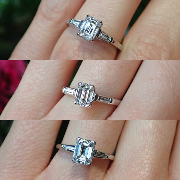 Three vintage emerald cut diamond and baguette engagement rings in platinum from Doyle & Doyle 107252R_107251R_107243R