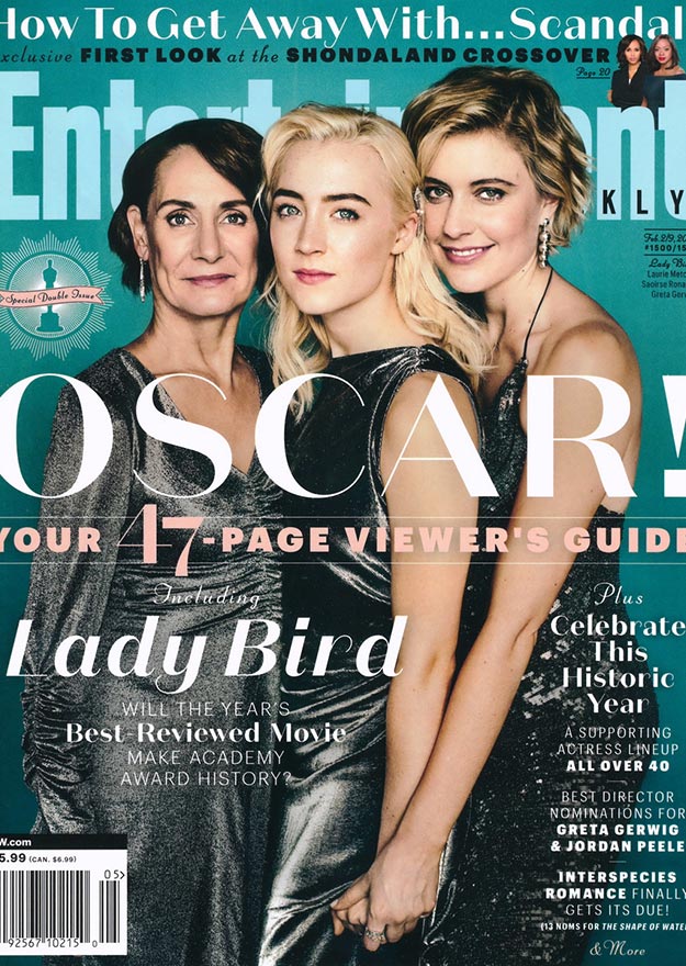 Oscars Issue Ladybird cover, Entertainment Weekly February 2018. Saoirse Ronan wearing Doyle & Doyle's antique diamond bow pin. Featuring Saoirse Ronan, Greta Gerwig, and Laurie Metcalf.
