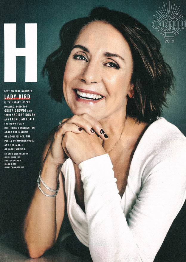 Entertainment Weekly February 2018, Laurie Metcalf from Ladybird wearing Doyle & Doyle's diamond tennis bracelets.