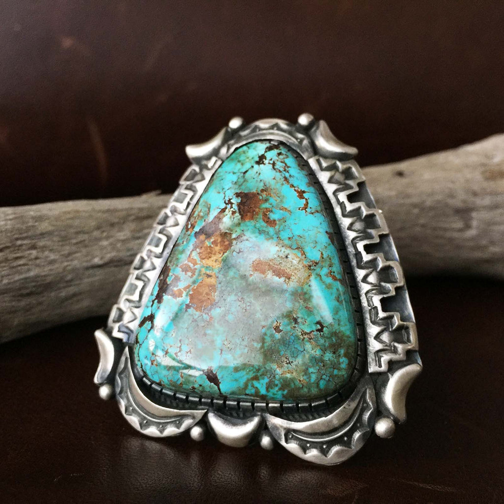 Large Sterling Silver Triangle Single Stone Royston Turquoise Ring Siz