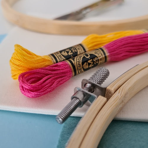 A photo of skeins of embroidery thread and an embroidery working hoop