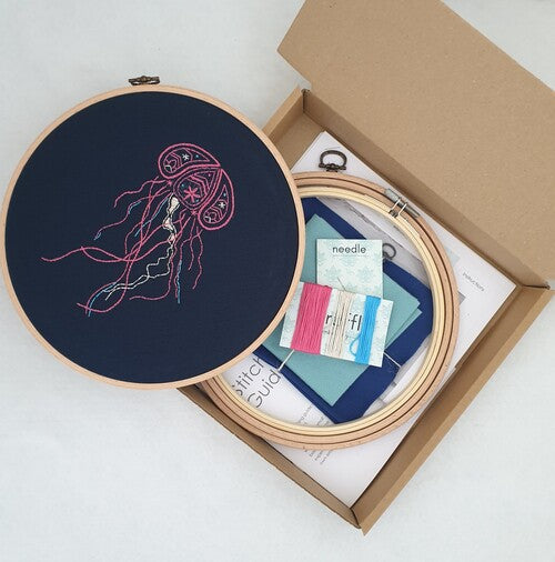 A photo of an Embroidery kit showing the contents of the kit