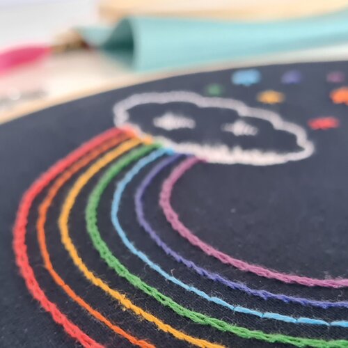 a close up of a simple embroidered rainbow design with multicolourd threads on a navy blue background
