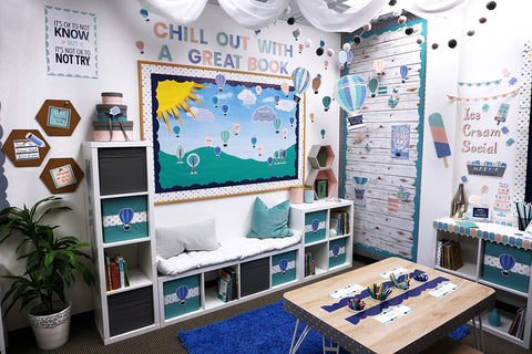 calm and cool classroom decor reading corner