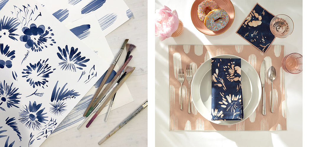 Navy floral watercolor artwork and paint brushes next to a photo of floral navy and pink geometric table linens