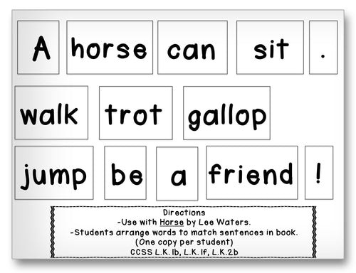 Horse Word Cards Classroom Activity Worksheet