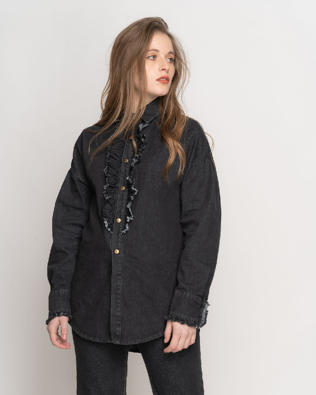 Denim Ruffle Trim Button-Up Shirt