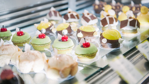 Cakes and macarons from Yann Blanchard at Yann Haute Patisserie Relais Desserts pastry shop in Calgary