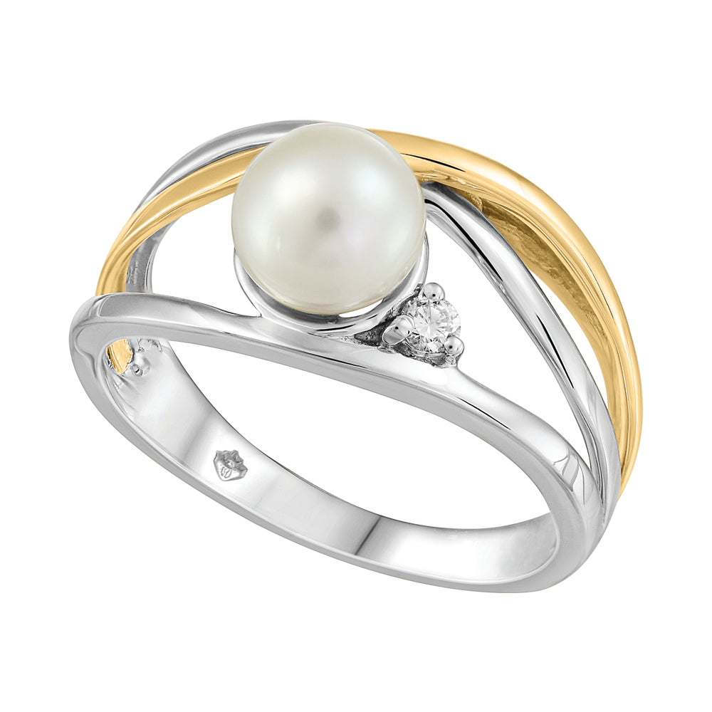 10K Two Tone Diamond & Pearl Ring