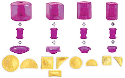 Combination of parts of Mastrad Mini Pies and Ravioli Kit to produce the different shapes of pastry