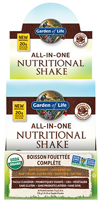 Opened box of ten 73g packets of All-In-One Nutritional Shake (Chocolate flavour)