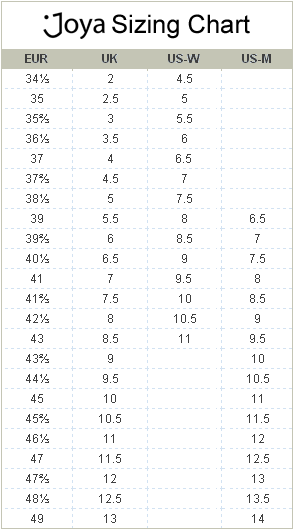 Joya Shoes Sizing Chart