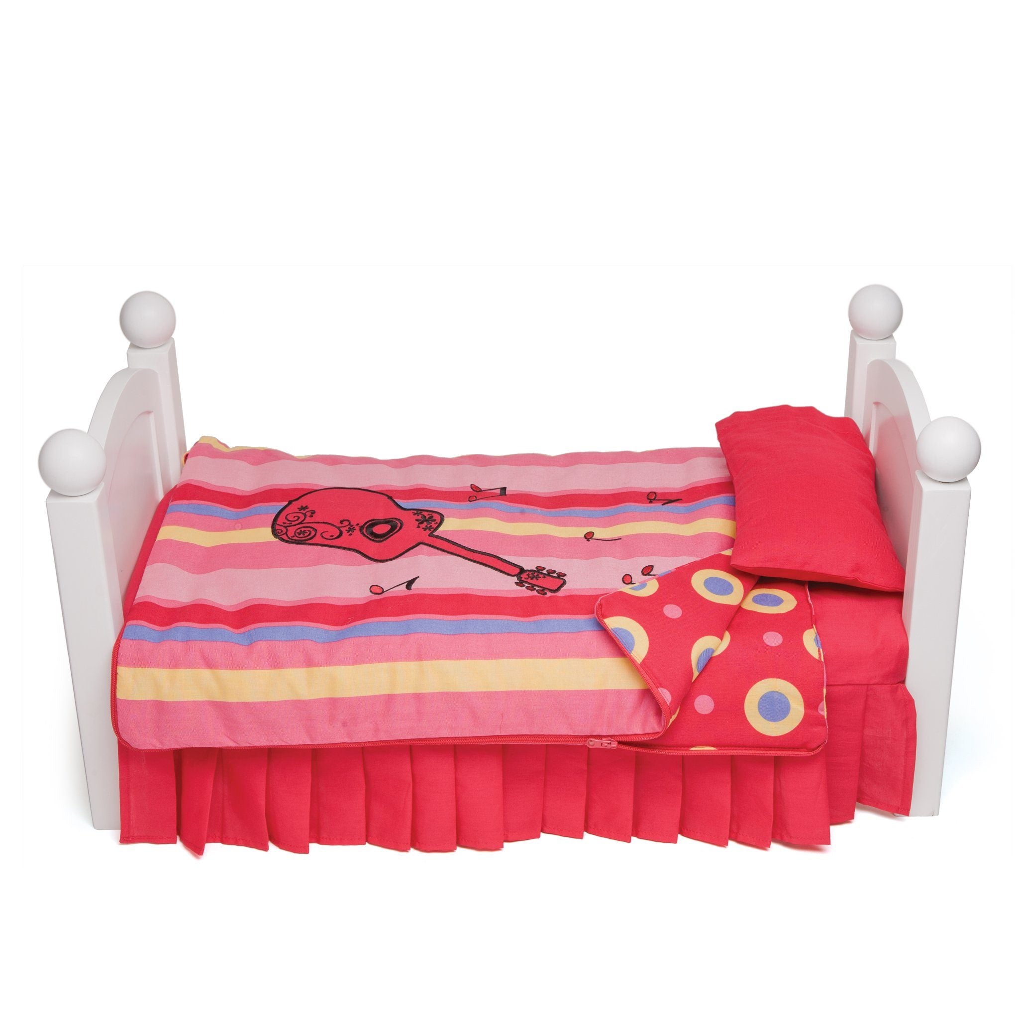 Harmony red guitar-themed bedding with mattress, pillow and striped pattern comforter and contrast circle pattern. Converts to sleeping bag. Shown on KM1 Maplelea doll bed, fits all 18 inch dolls.