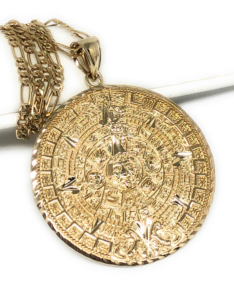 GOLD Aztec pendant Azteca calendar 10k SOLID REAL necklace diamond cut  2.25" 