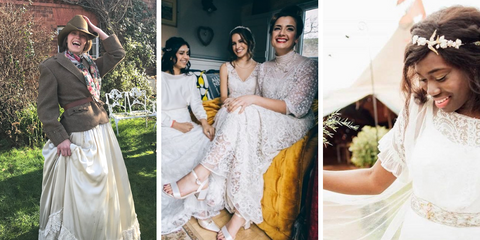 Three shots of happy customers wearing vintage and antique bridal gowns. The first shot shows a girl laughing whilst holding onto her cowboy hat, she wears and Edwardian style gown. The second shot shows three girls sat inside a gipsy caravan, all in antique lace wedding dresses, laughing into the camera. The third shot shows a bride holding out her train and glancing down at her Edwardian lace wedding dress with a shy smile. 