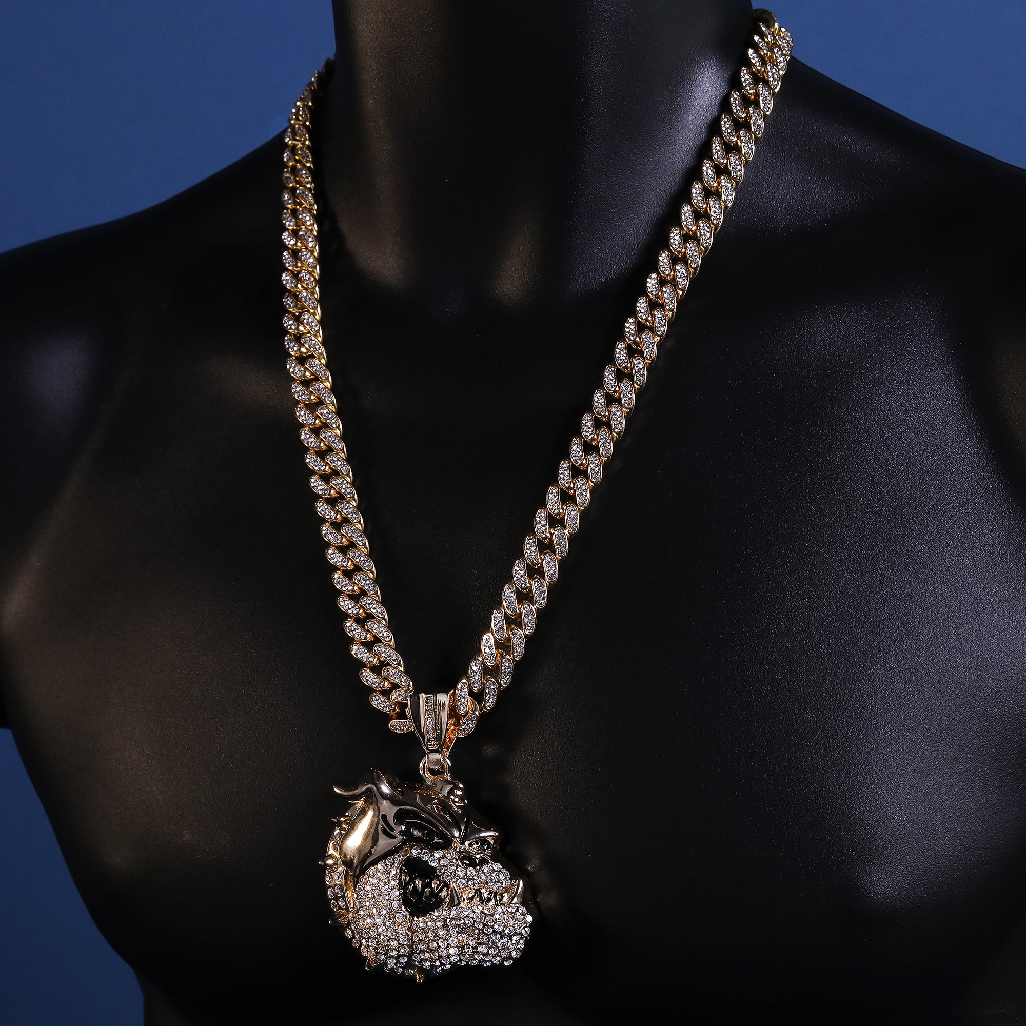 Hip Hop Fully Iced Large Gold Plated American Bulldog Pendant Cuban Chain 18 - 24"