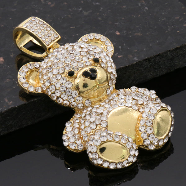 White Gold-Tone Hip Hop Bling Simulated Crystal Teddy Bear Pendant with 24 Tennis Chain and 24 Rope Chain 