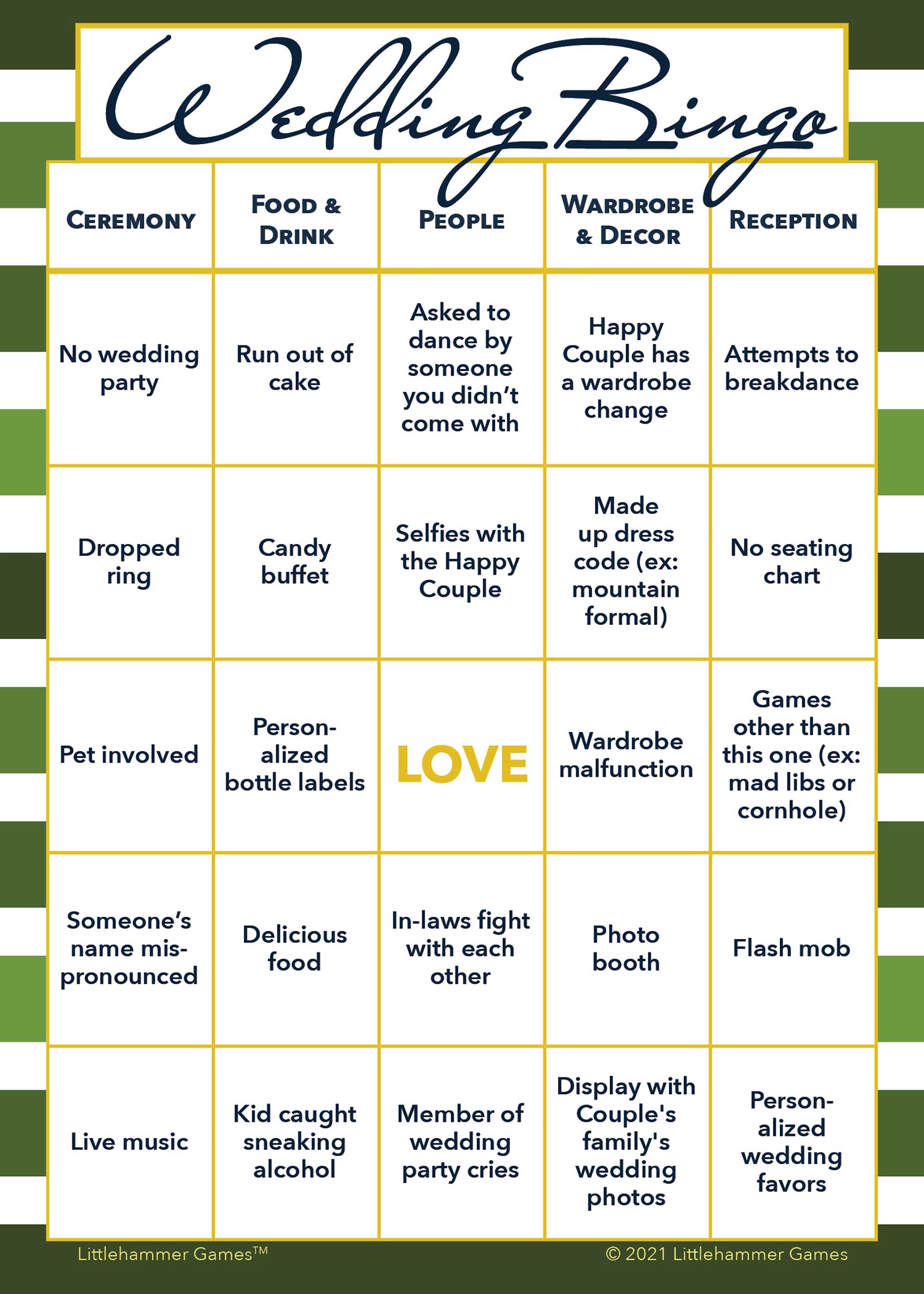 Bachelorette Bingo - Gold Printable Game Cards – Littlehammer Games