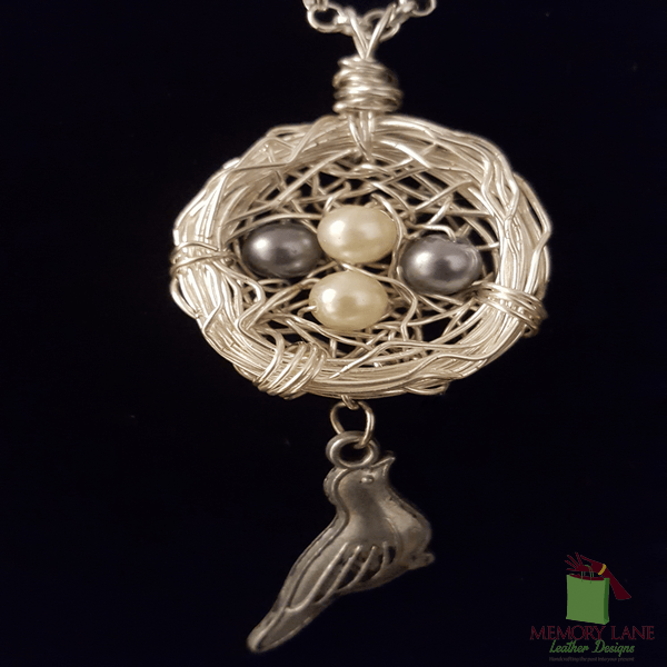 Unique Handcrafted Gift Bird Nest Pendant Necklace Wire Wrapped Silver with 1 Pale Pink Pearl Egg 