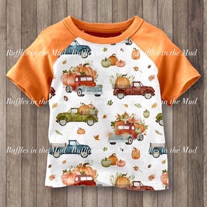 Pumpkin Harvest Trucks Short Sleeve Raglan