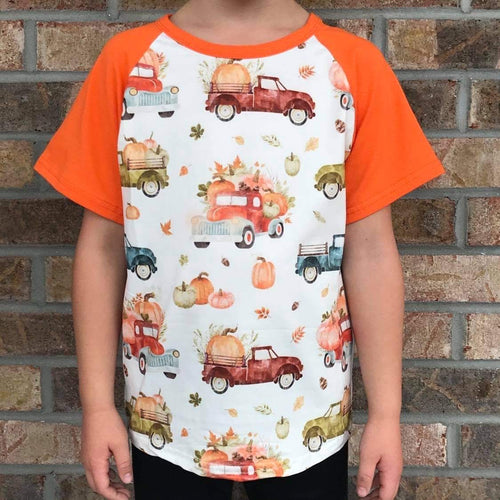 Pumpkin Harvest Trucks Short Sleeve Raglan