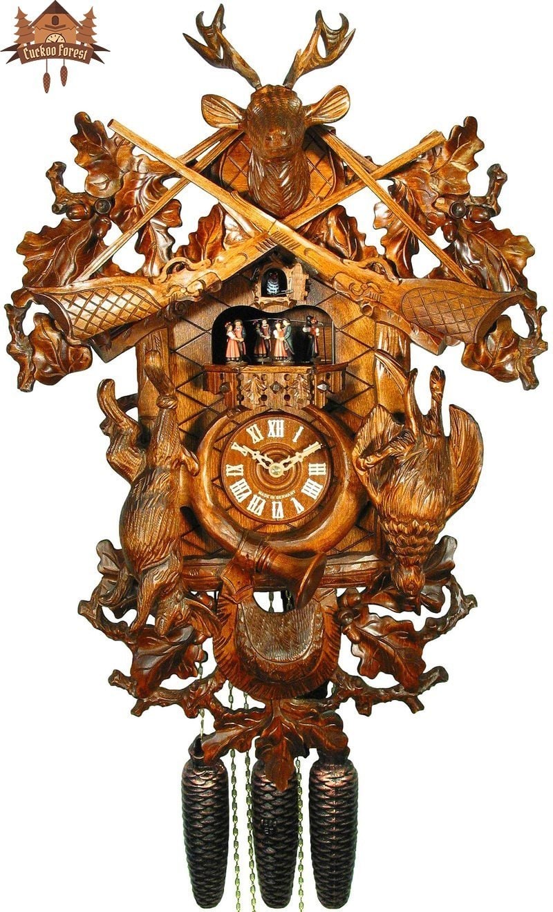 8 Day Musical Carved Clock Stag And Rifles 24 Inch Cuckoo Forest