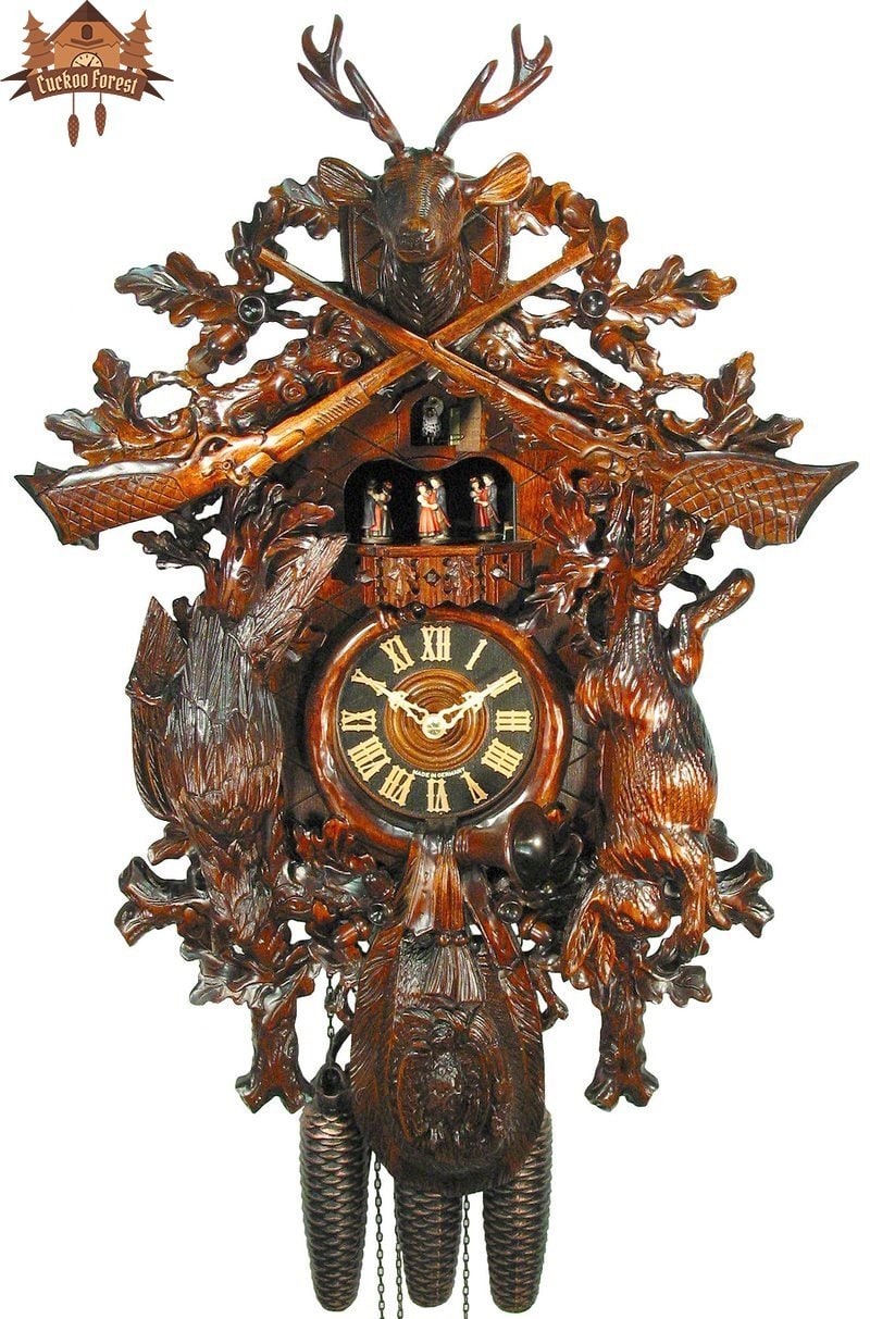 8 Day Musical Carved Clock Stag Bird Rabbit 26 Inches Cuckoo Forest