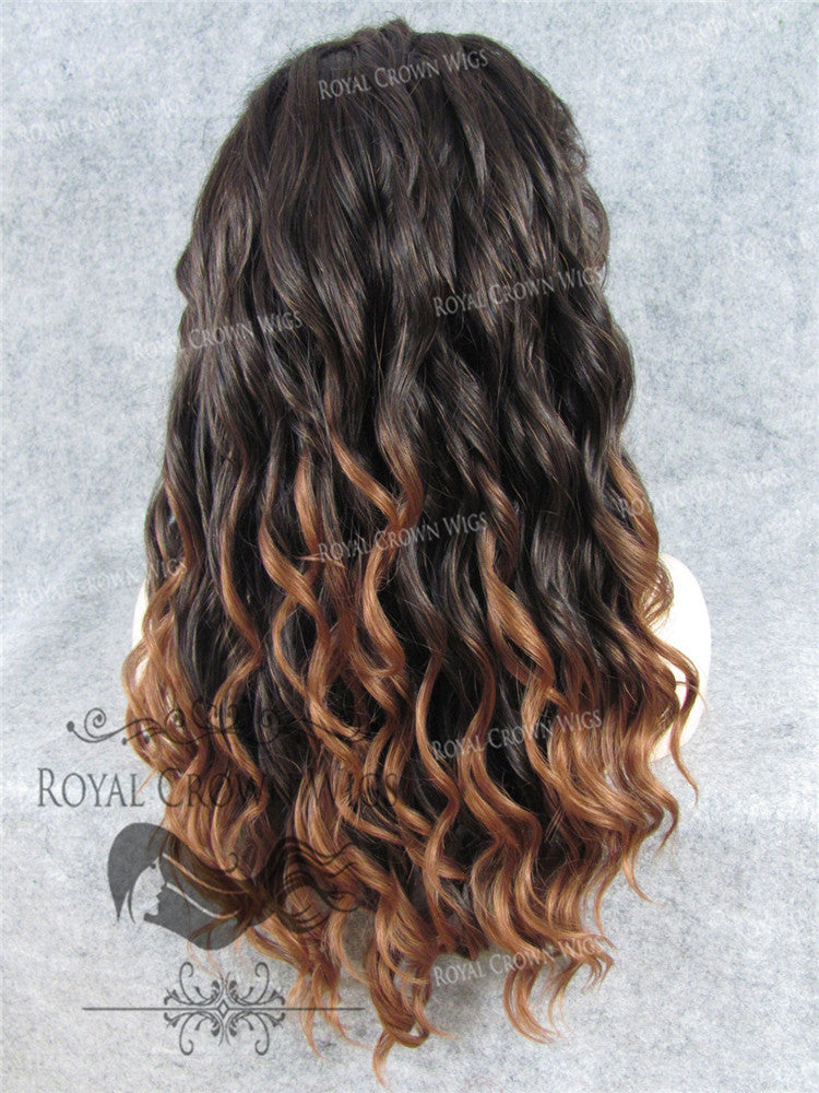 24 Inch Synthetic Lace Front With Wave Texture In Dark Brown To Light Brown Ombre